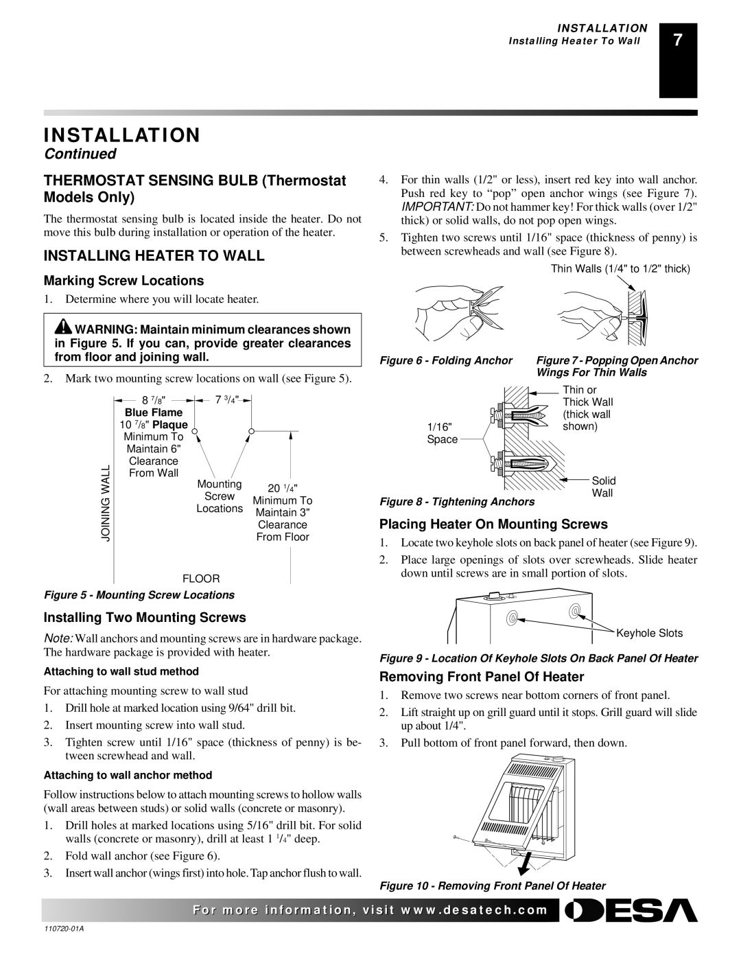 Desa VP1000BTA VN10A, VP10A Installing Heater to Wall, Marking Screw Locations, Installing Two Mounting Screws 