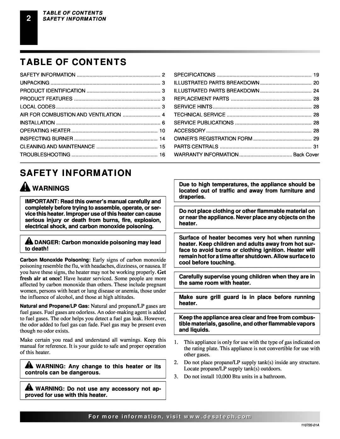 Desa VP600BA, VN600BA, VN1000BTA, VP1000BTA, VN10A, VP10A, VN6D, VP5D Table Of Contents, Safety Information, Warnings 