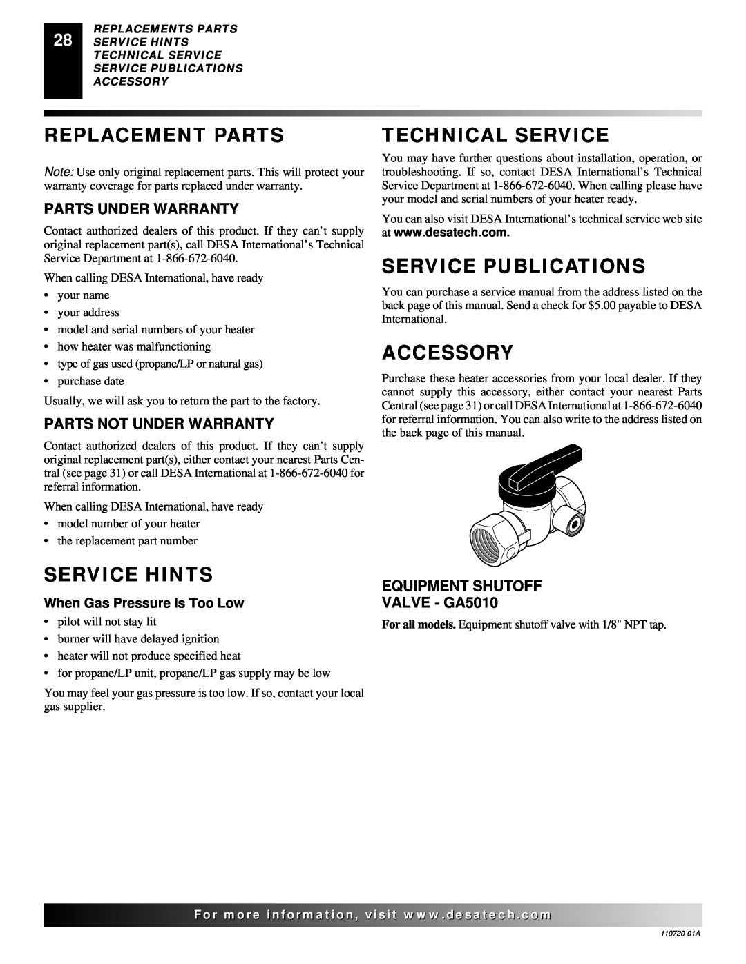 Desa VP1000BTA VN10A, VP10A Replacement Parts, Technical Service, Service Publications, Accessory, Service Hints 