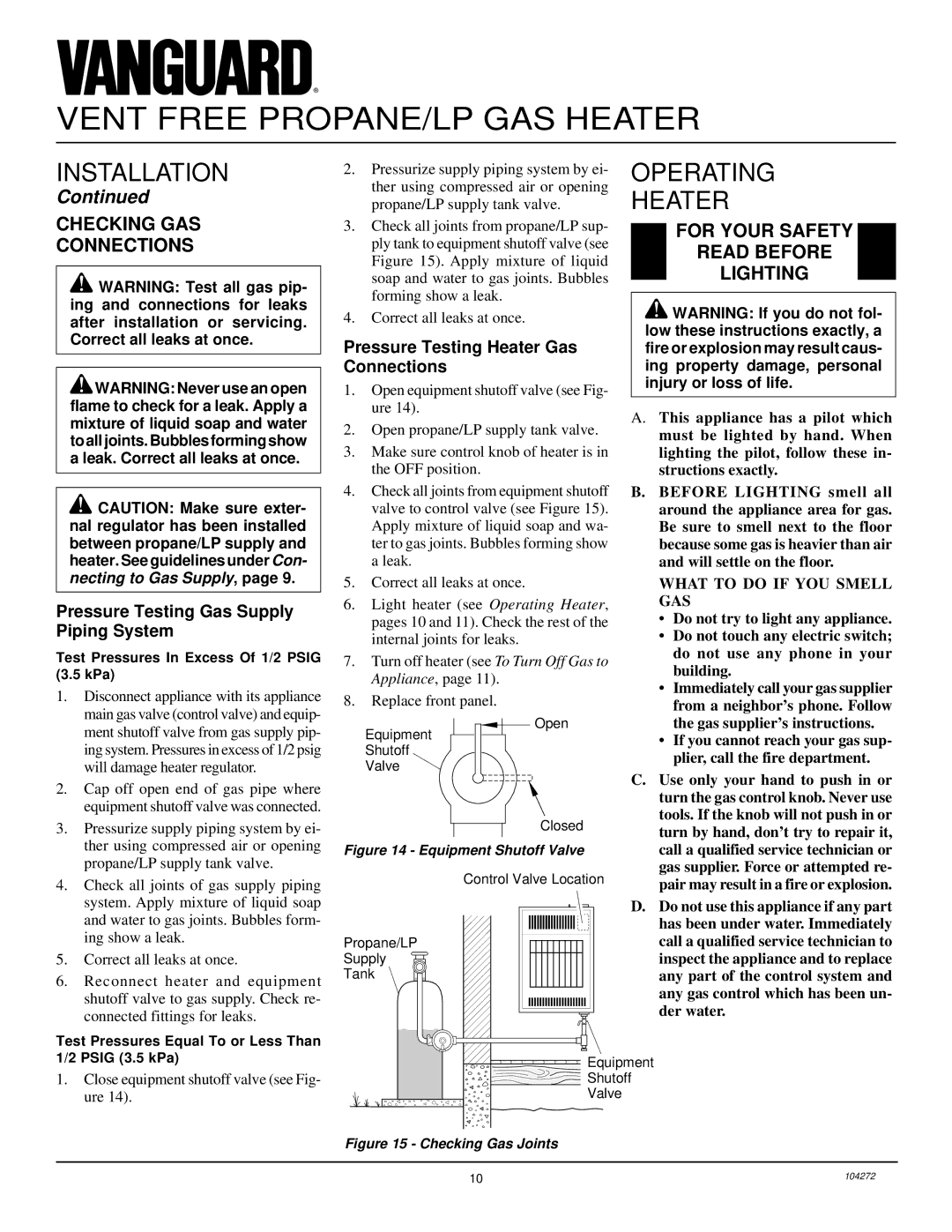 Desa VP600BA installation manual Operating Heater, Checking GAS Connections, For Your Safety Read Before Lighting 