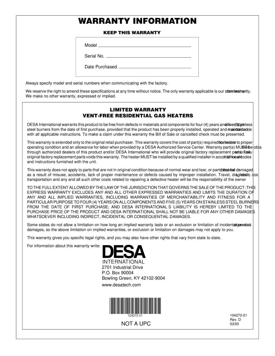 Desa VP600BA installation manual Warranty Information 