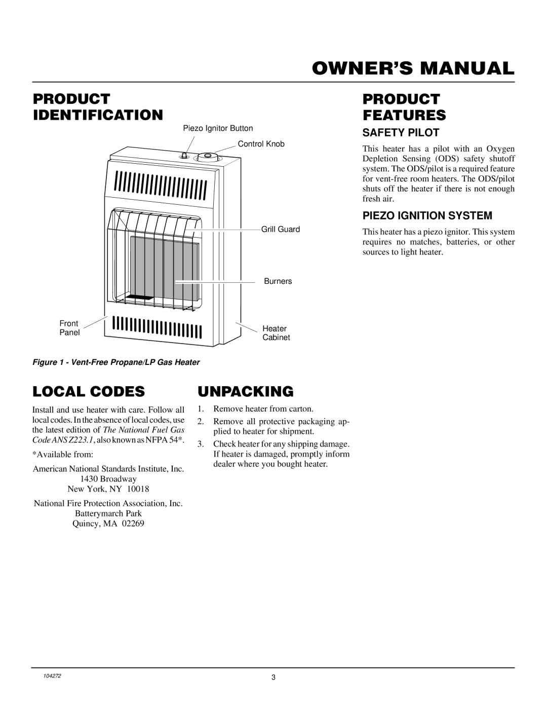 Desa VP600BA installation manual Product Identification, Product Features, Local Codes, Unpacking 