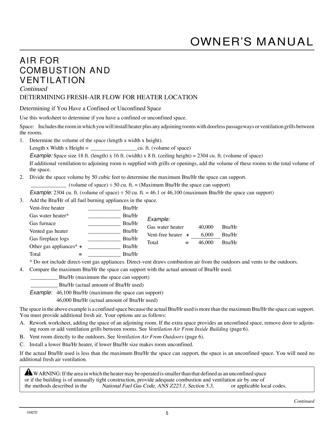 Desa VP600BA installation manual AIR for Combustion Ventilation, Determining FRESH-AIR Flow for Heater Location 