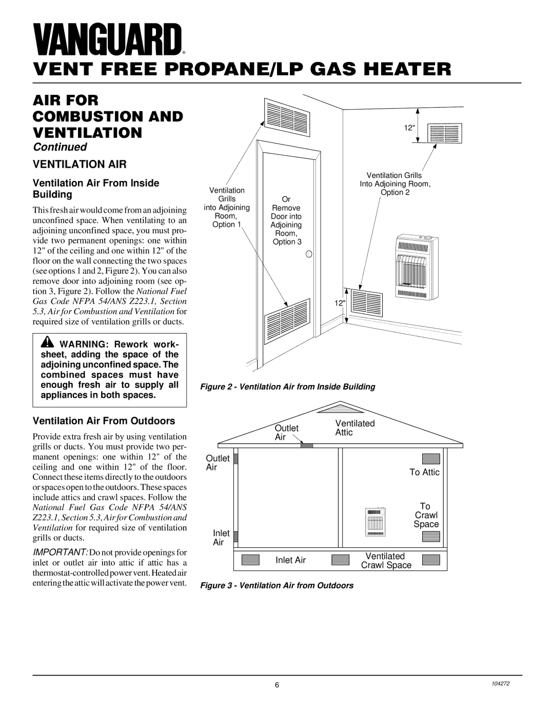 Desa VP600BA installation manual Ventilation AIR, Ventilation Air From Inside Building, Ventilation Air From Outdoors 