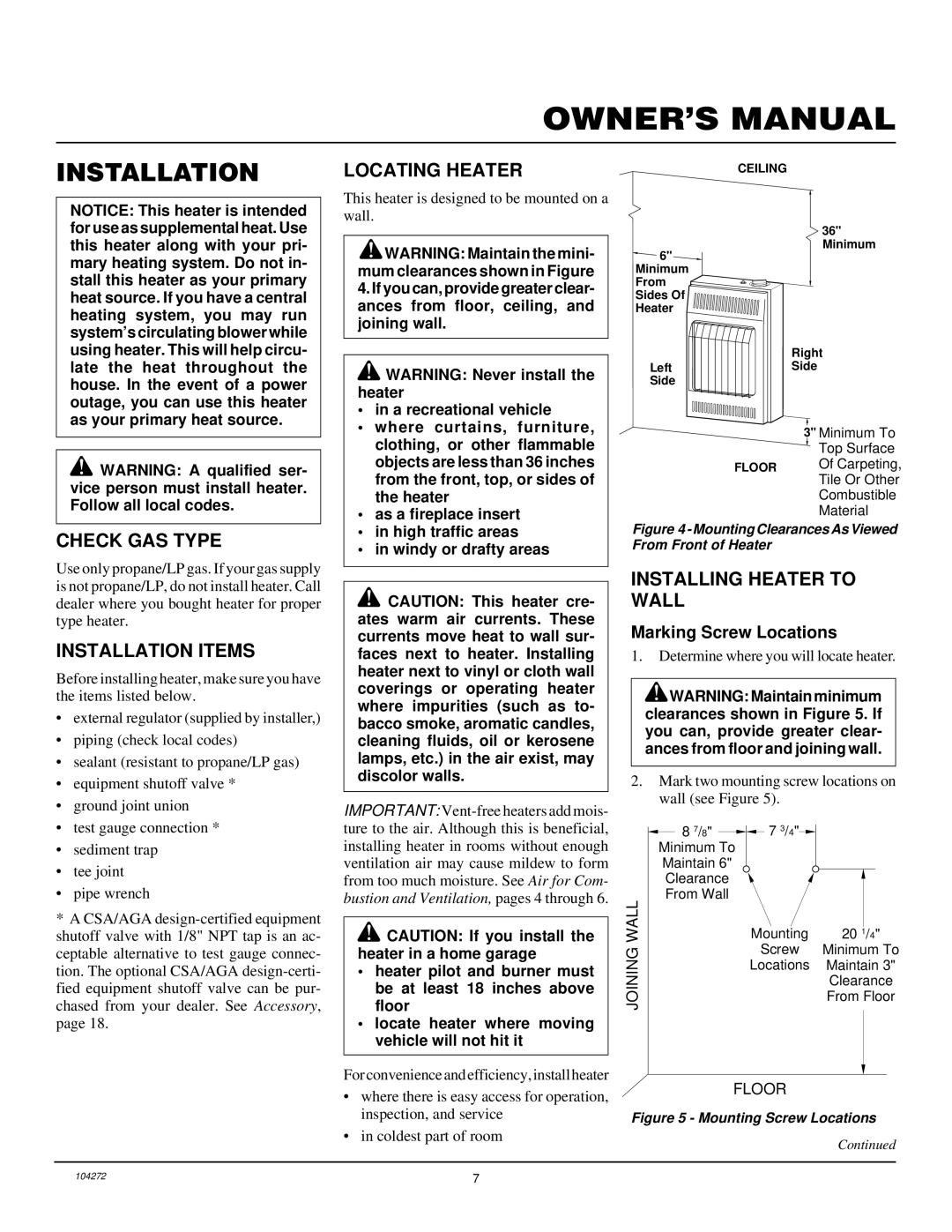 Desa VP600BA installation manual Locating Heater, Check GAS Type, Installation Items, Installing Heater to Wall 