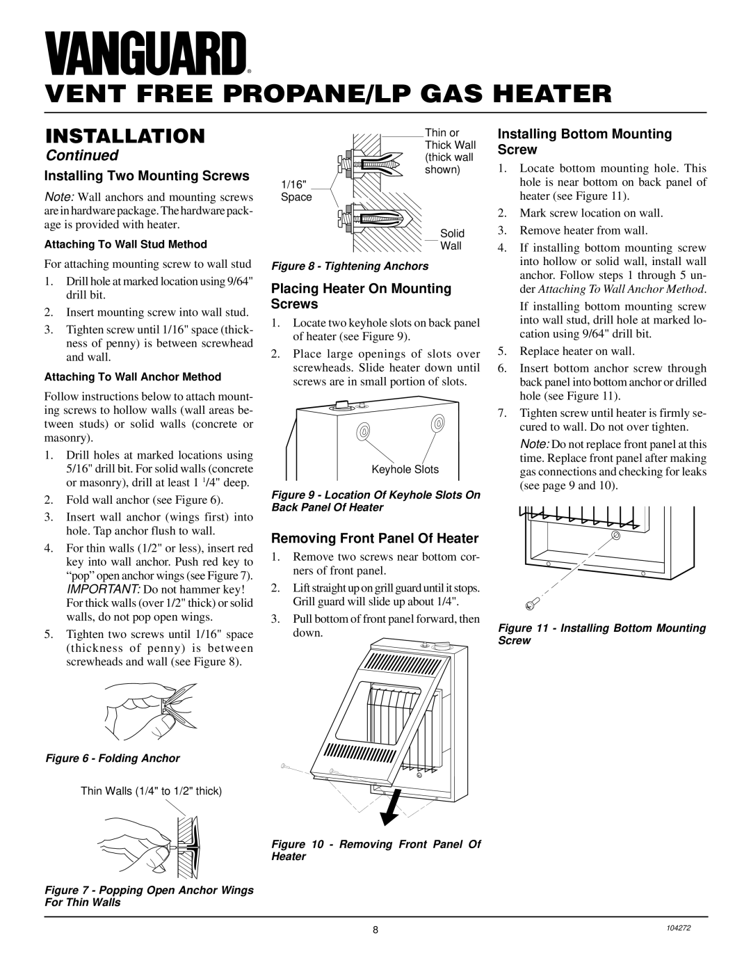 Desa VP600BA Installing Two Mounting Screws, Placing Heater On Mounting Screws, Removing Front Panel Of Heater 