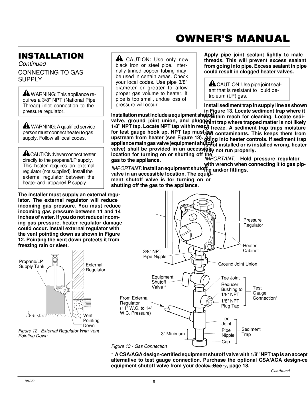 Desa VP600BA installation manual Connecting to GAS Supply, External Regulator With Vent Pointing Down 