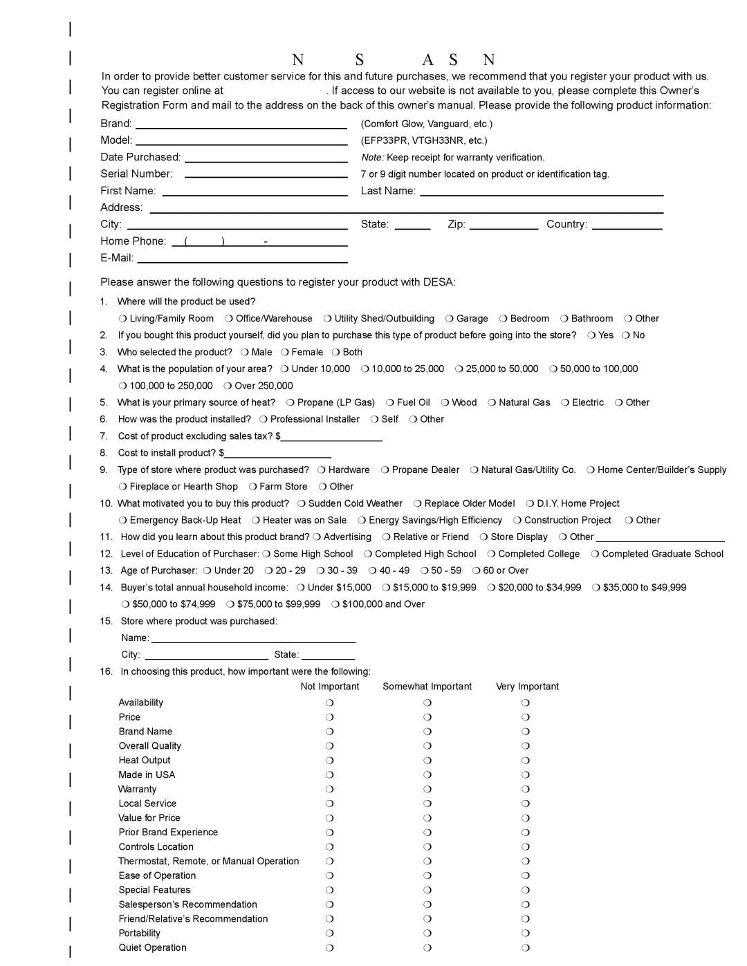 Desa (V)PN36-A manual Owners Registration Form 