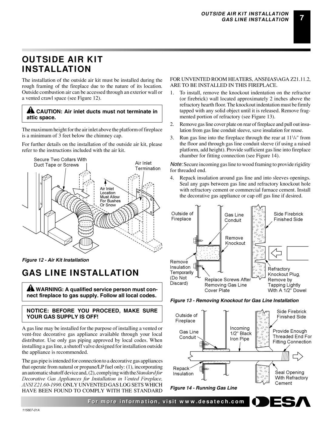 Desa (V)PN36-A manual Outside AIR KIT Installation, GAS Line Installation 