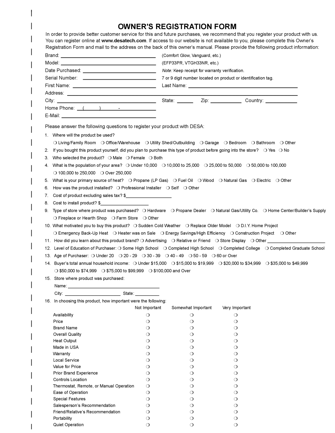 Desa (V)PN36-A manual Owners Registration Form 