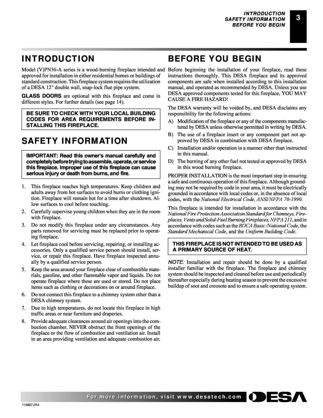 Desa (V)PN36-A manual Introduction, Before You Begin, Safety Information, Uniform Building Code, BOCA Basic /National Code 