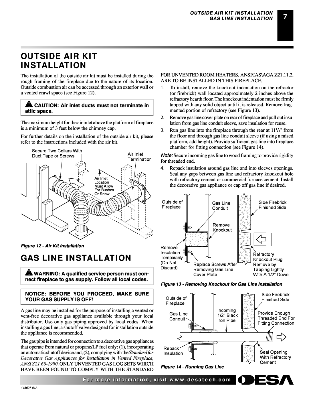 Desa (V)PN36-A manual Outside Air Kit Installation, Gas Line Installation 