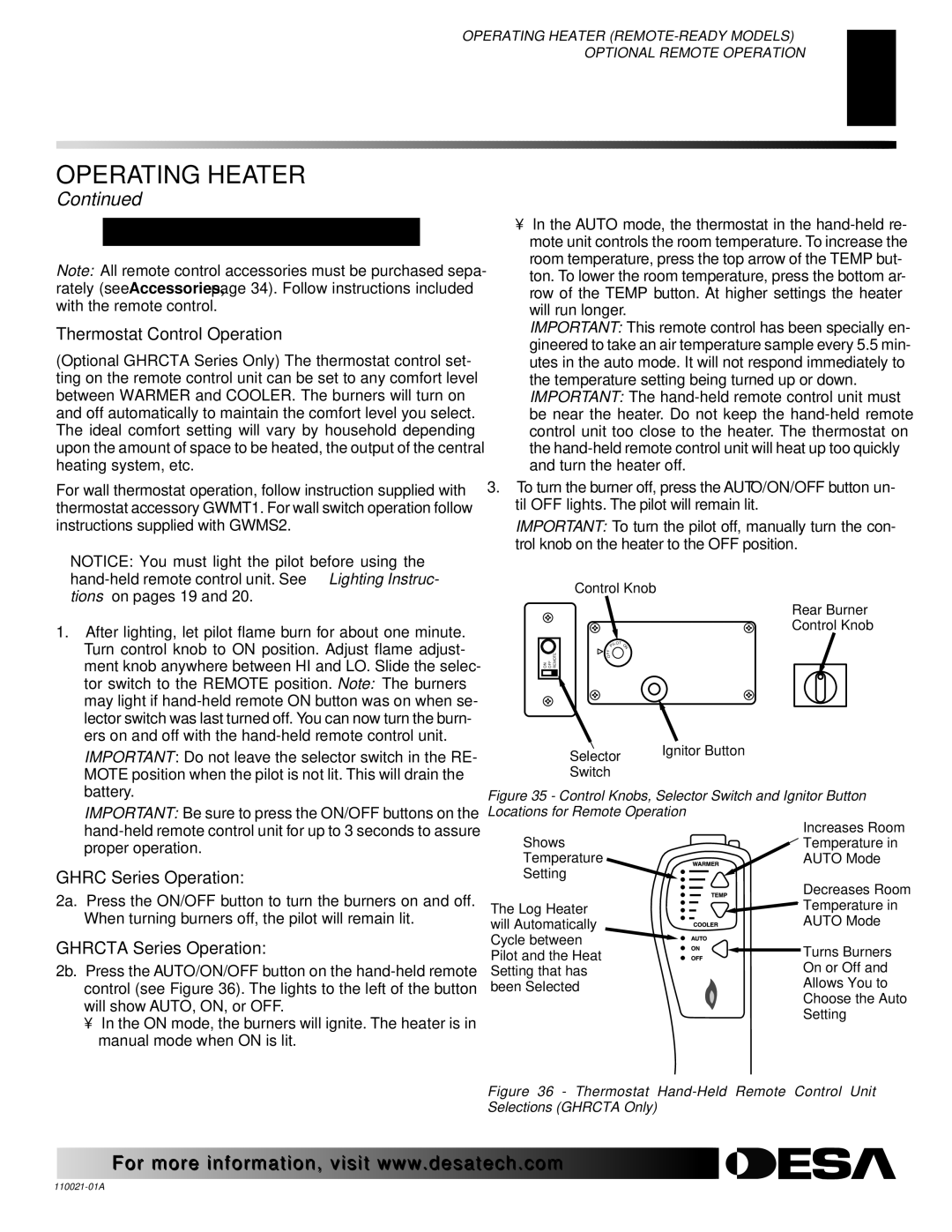 Desa VRL24NT Optional Remote Operation, Thermostat Control Operation, Ghrc Series Operation, Ghrcta Series Operation 