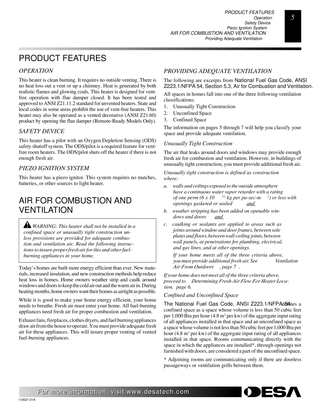 Desa VRL30PT, VRL24NT, CTB3924PT, CSG3924NT, VRL24PT, VRL30NT Product Features, AIR for Combustion and Ventilation 