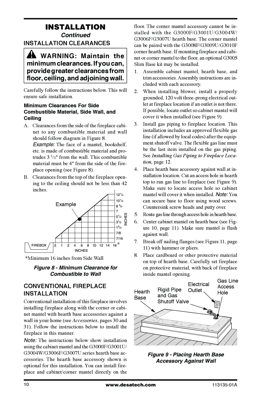 Desa VSGF28NTE, VSGF28PTE installation manual Installation Clearances, Conventional Fireplace Installation 