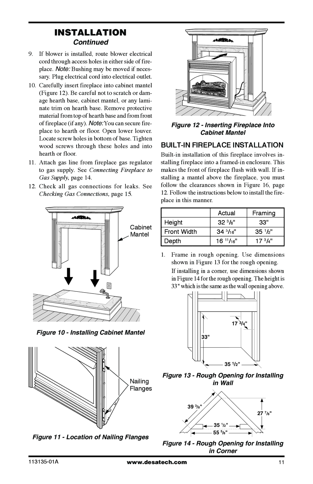 Desa VSGF28PTE, VSGF28NTE installation manual BUILT-IN Fireplace Installation, Depth 16 11/16 17 3/4 