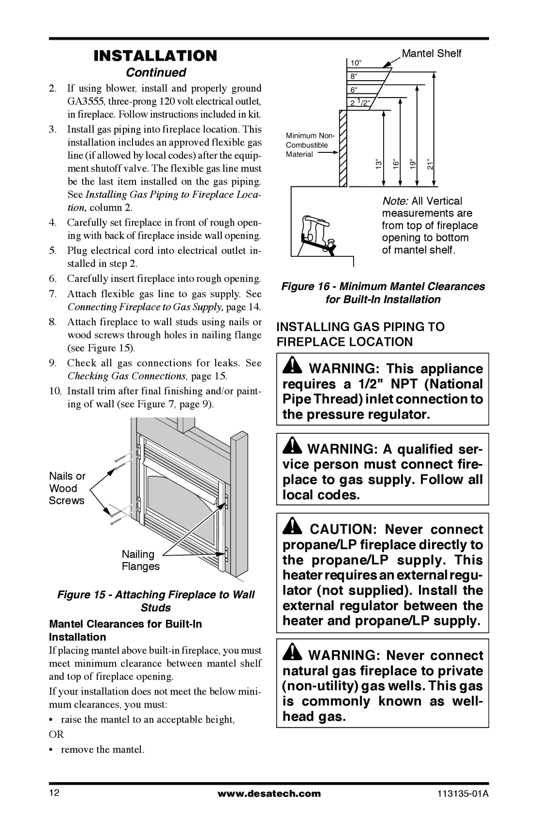 Desa VSGF28NTE, VSGF28PTE Installing GAS Piping to Fireplace Location, Mantel Clearances for Built-In Installation 