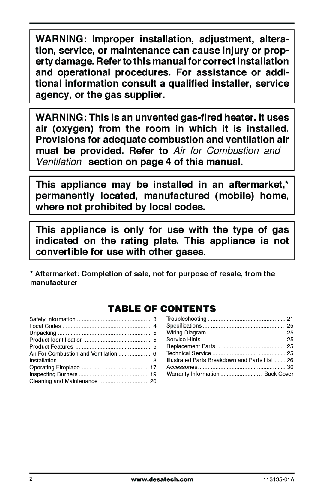 Desa VSGF28NTE, VSGF28PTE installation manual Table of Contents 