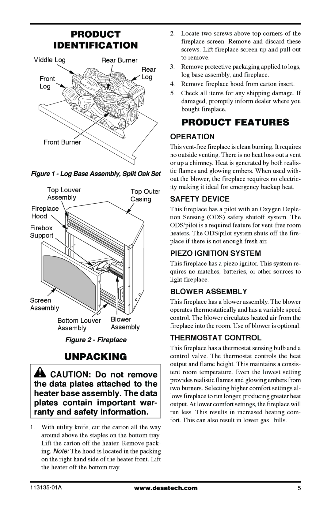 Desa VSGF28PTE, VSGF28NTE installation manual Product Identification, Unpacking, Product Features 