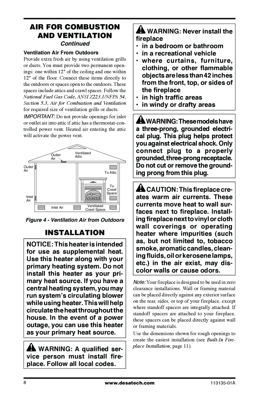 Desa VSGF28NTE, VSGF28PTE installation manual Installation, Ventilation Air From Outdoors 