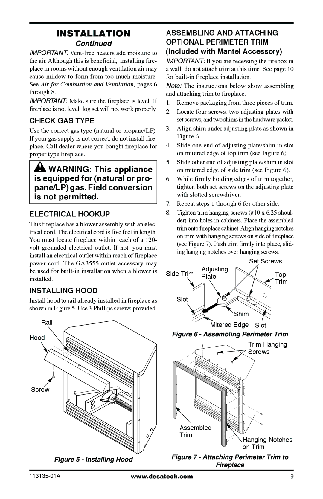 Desa VSGF28PTE, VSGF28NTE installation manual Check GAS Type, Electrical Hookup, Installing Hood 