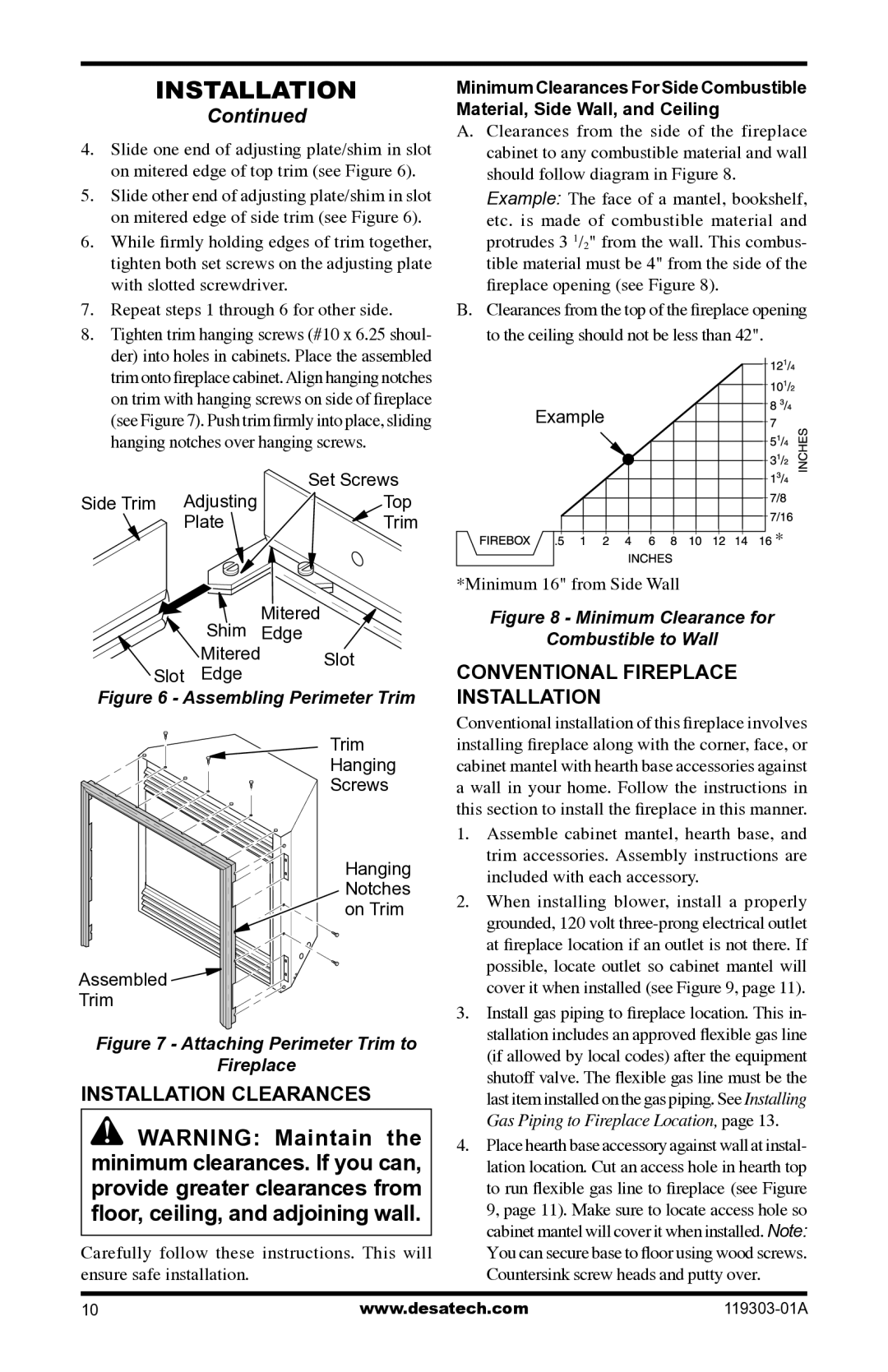 Desa VsGF28nTF, VsGF28PTF installation manual Installation Clearances, Conventional Fireplace Installation 