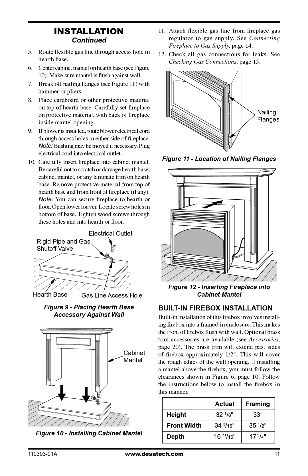 Desa VsGF28PTF Built-In Firebox Installation, Checking Gas Connections, Actual Framing Height, Front Width, Depth 