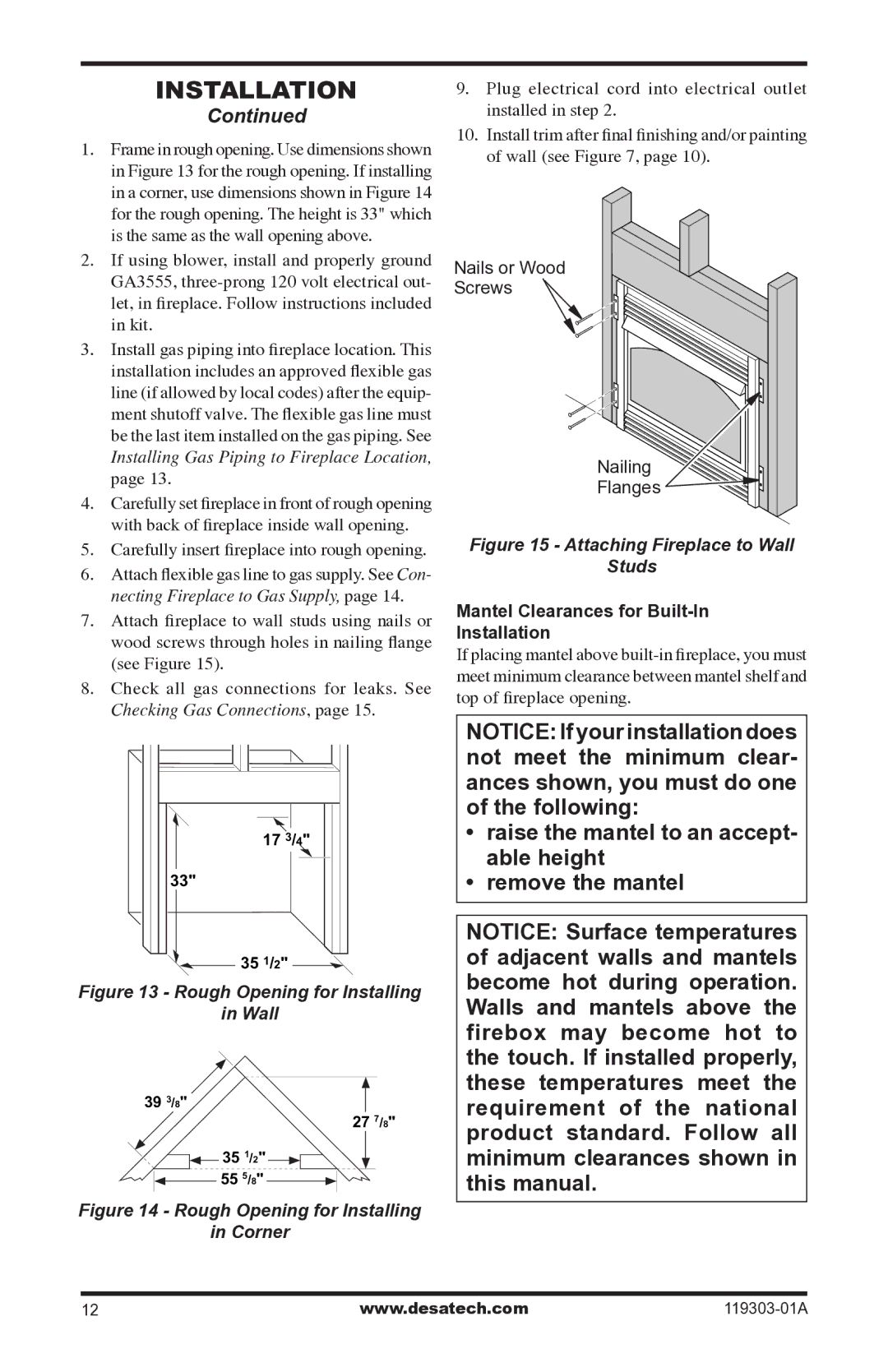 Desa VsGF28nTF, VsGF28PTF Installing Gas Piping to Fireplace Location, Mantel Clearances for Built-In Installation 