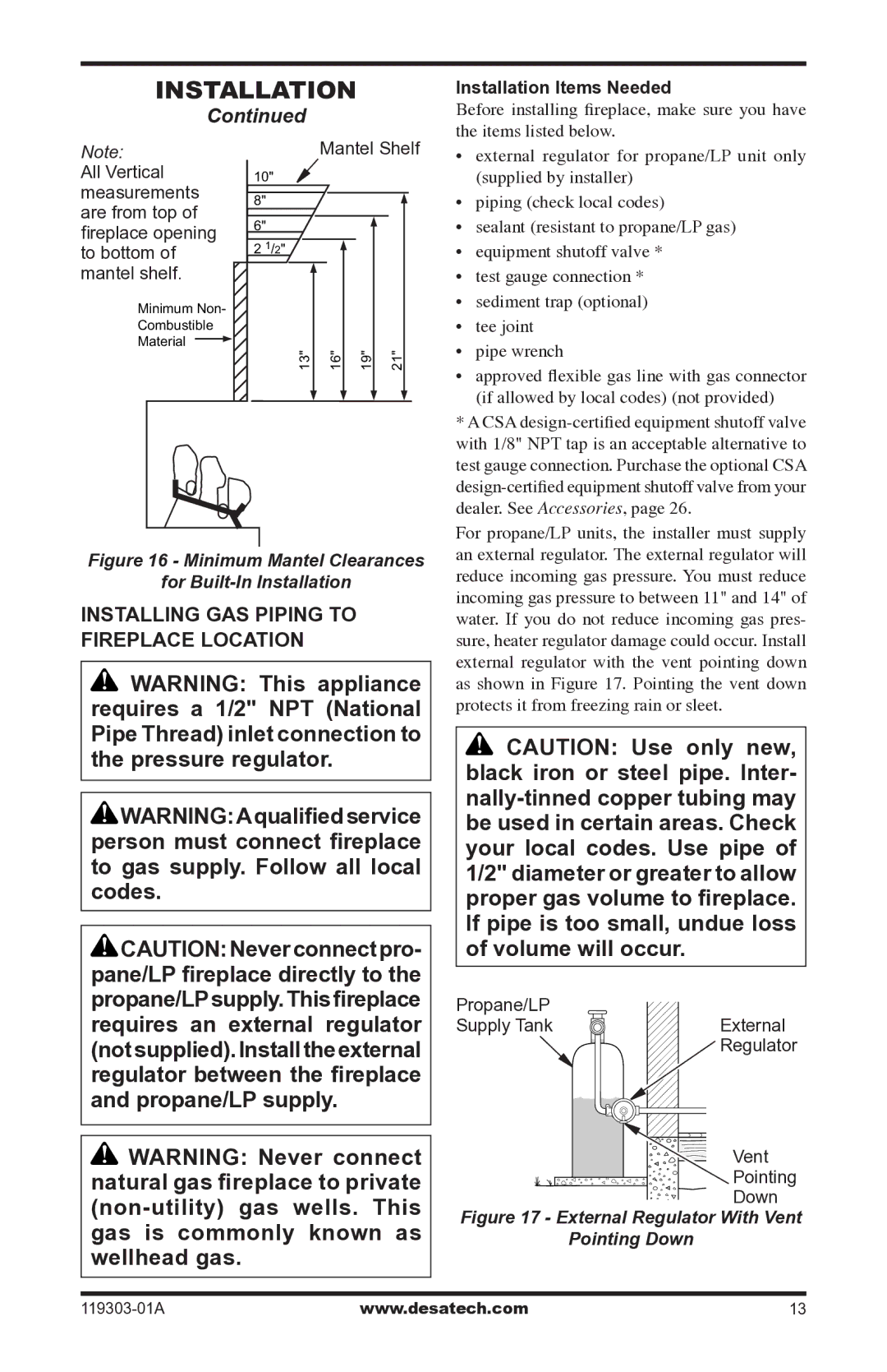 Desa VsGF28PTF, VsGF28nTF installation manual Installing Gas Piping to Fireplace Location, Installation Items Needed 