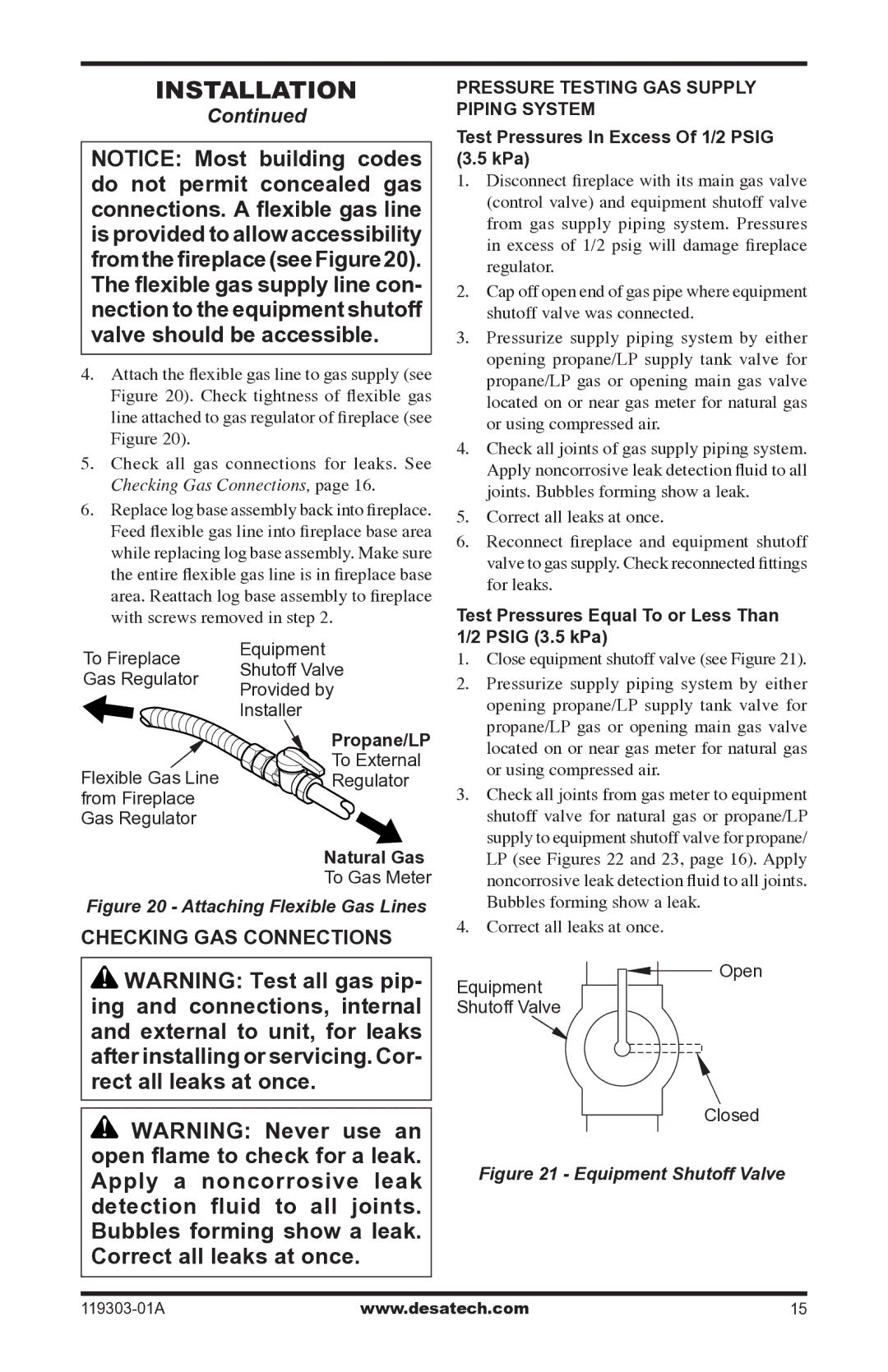 Desa VsGF28PTF, VsGF28nTF installation manual Checking GAS Connections, Test Pressures Equal To or Less Than Psig 3.5 kPa 