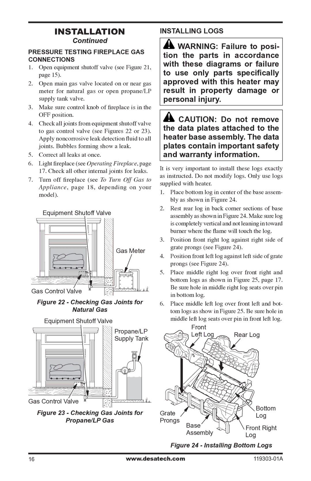 Desa VsGF28nTF, VsGF28PTF installation manual Installing Logs, Pressure Testing Fireplace Gas Connections 