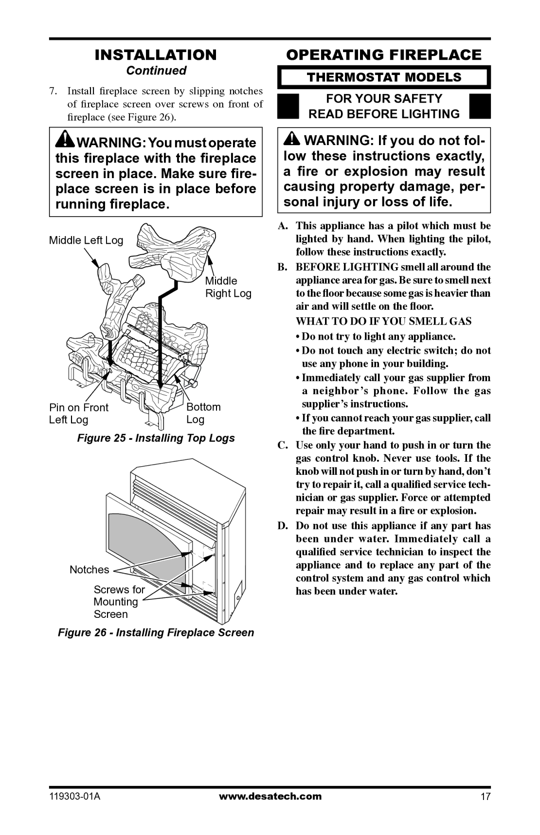 Desa VsGF28PTF, VsGF28nTF installation manual Operating Fireplace, Thermostat Models, For Your Safety Read Before Lighting 
