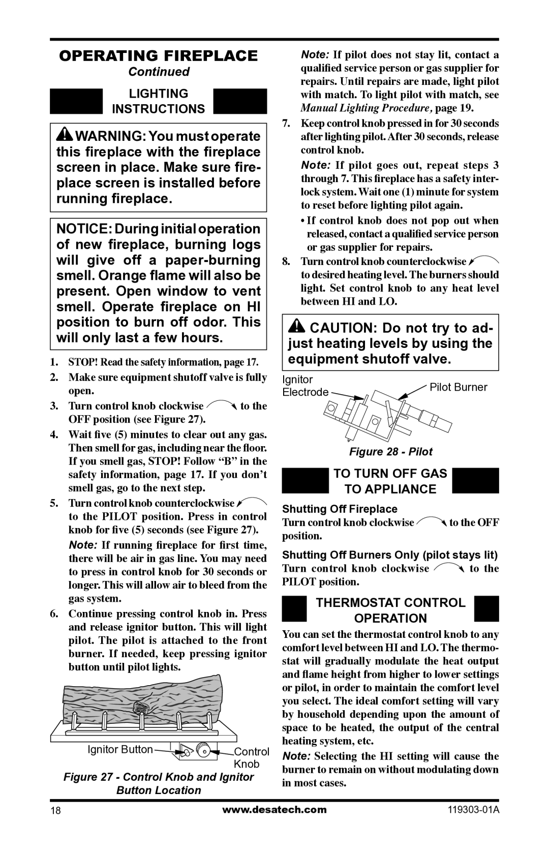 Desa VsGF28nTF Lighting Instructions, To Turn OFF GAS To Appliance, Thermostat Control Operation, Shutting Off Fireplace 