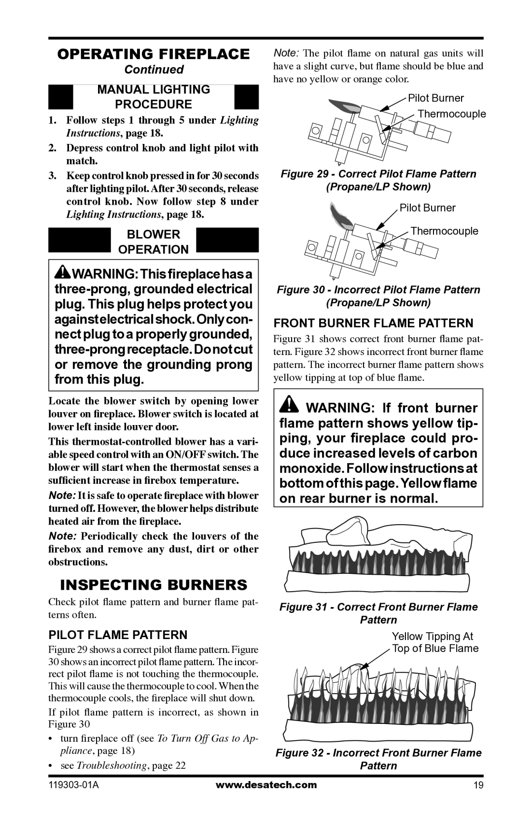 Desa VsGF28PTF, VsGF28nTF Inspecting Burners, Manual Lighting Procedure, Blower Operation, Pilot Flame Pattern 