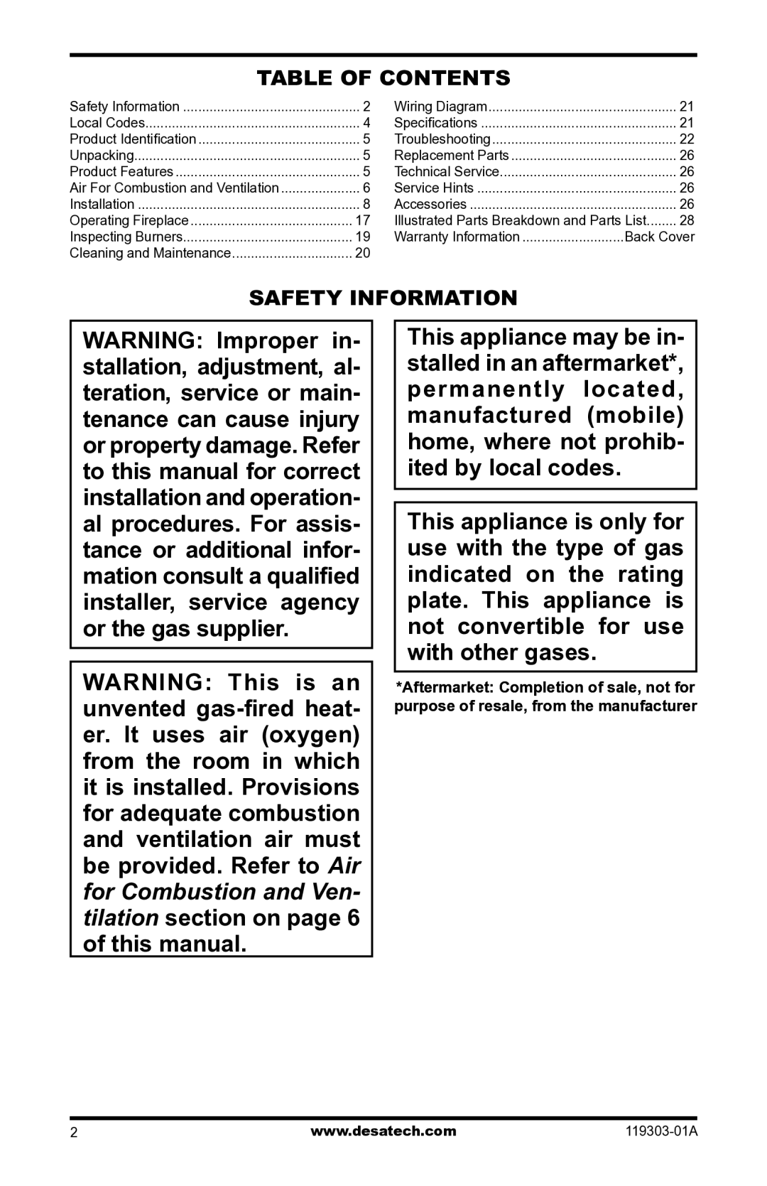 Desa VsGF28nTF, VsGF28PTF installation manual Table of Contents, Safety Information 