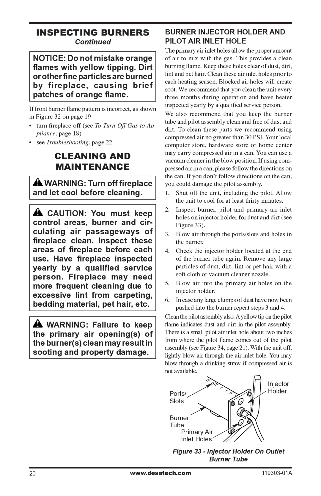 Desa VsGF28nTF, VsGF28PTF installation manual Cleaning Maintenance, Burner Injector Holder Pilot Air Inlet Hole 