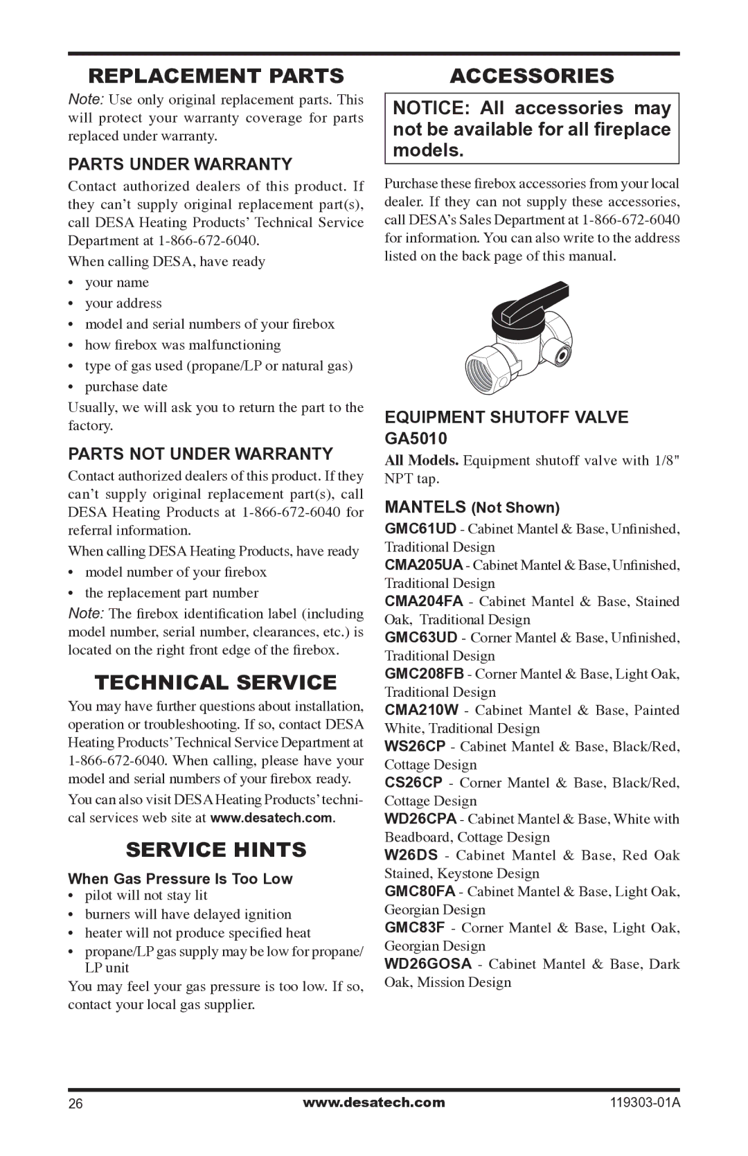 Desa VsGF28nTF, VsGF28PTF Replacement Parts, Technical Service, Service Hints, Accessories, Equipment Shutoff Valve GA5010 