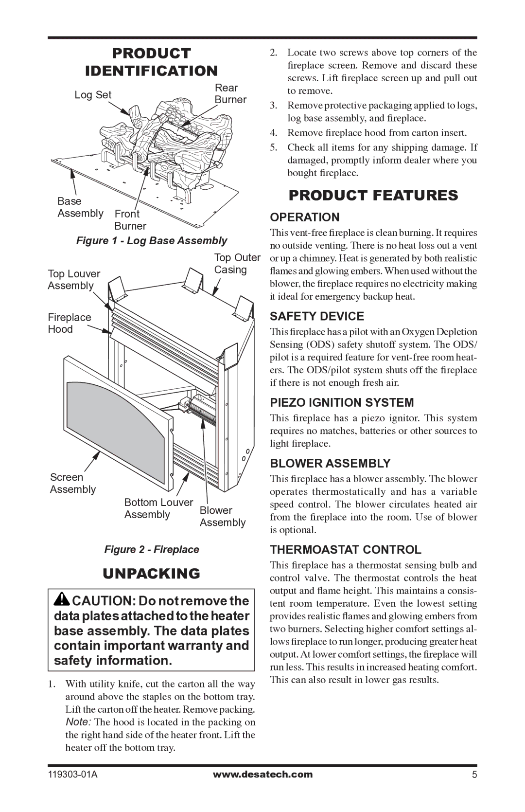 Desa VsGF28PTF, VsGF28nTF installation manual Product Identification, Unpacking, Product Features 