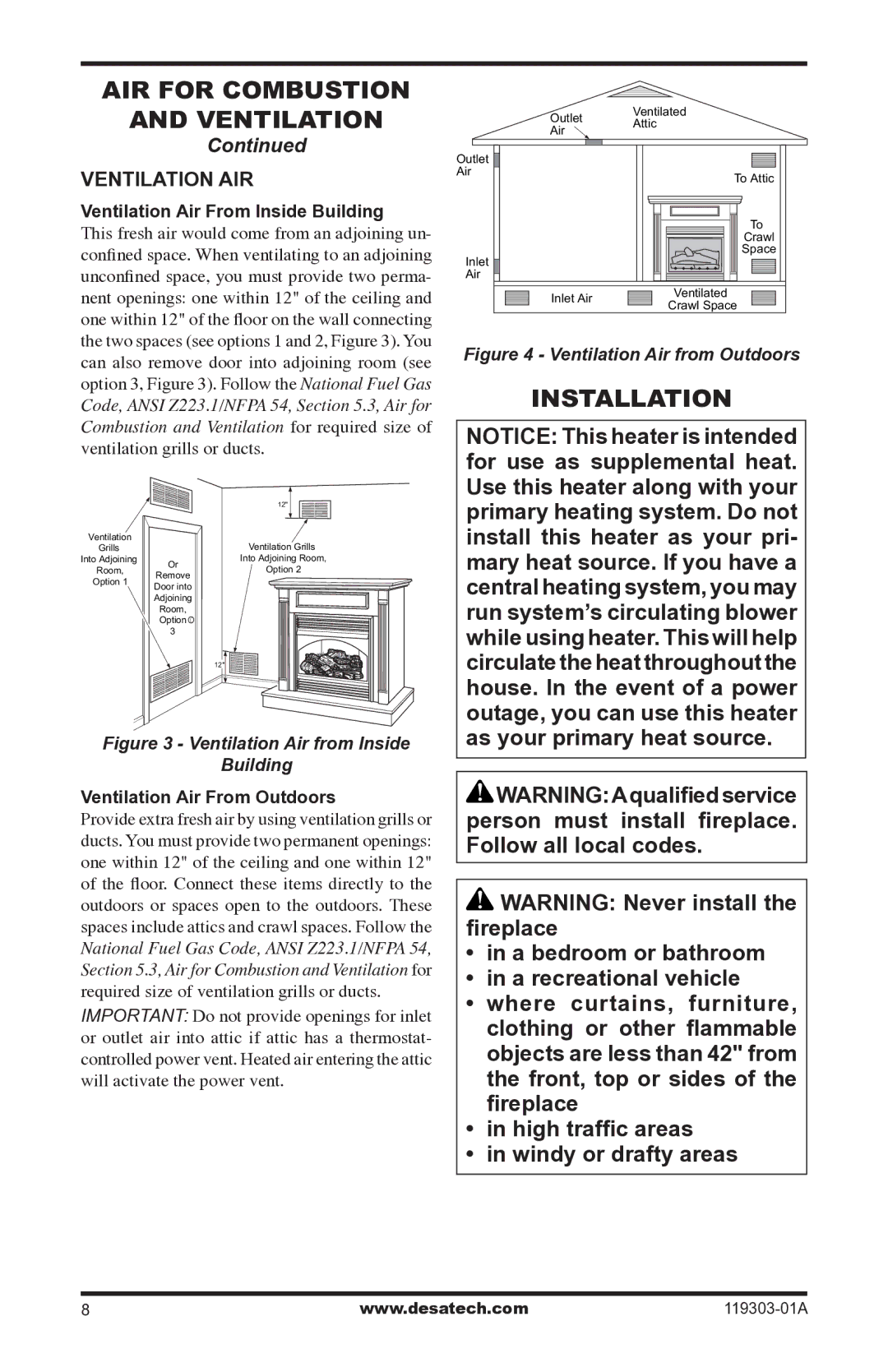 Desa VsGF28nTF Installation, Ventilation AIR, Ventilation Air From Inside Building, Ventilation Air From Outdoors 