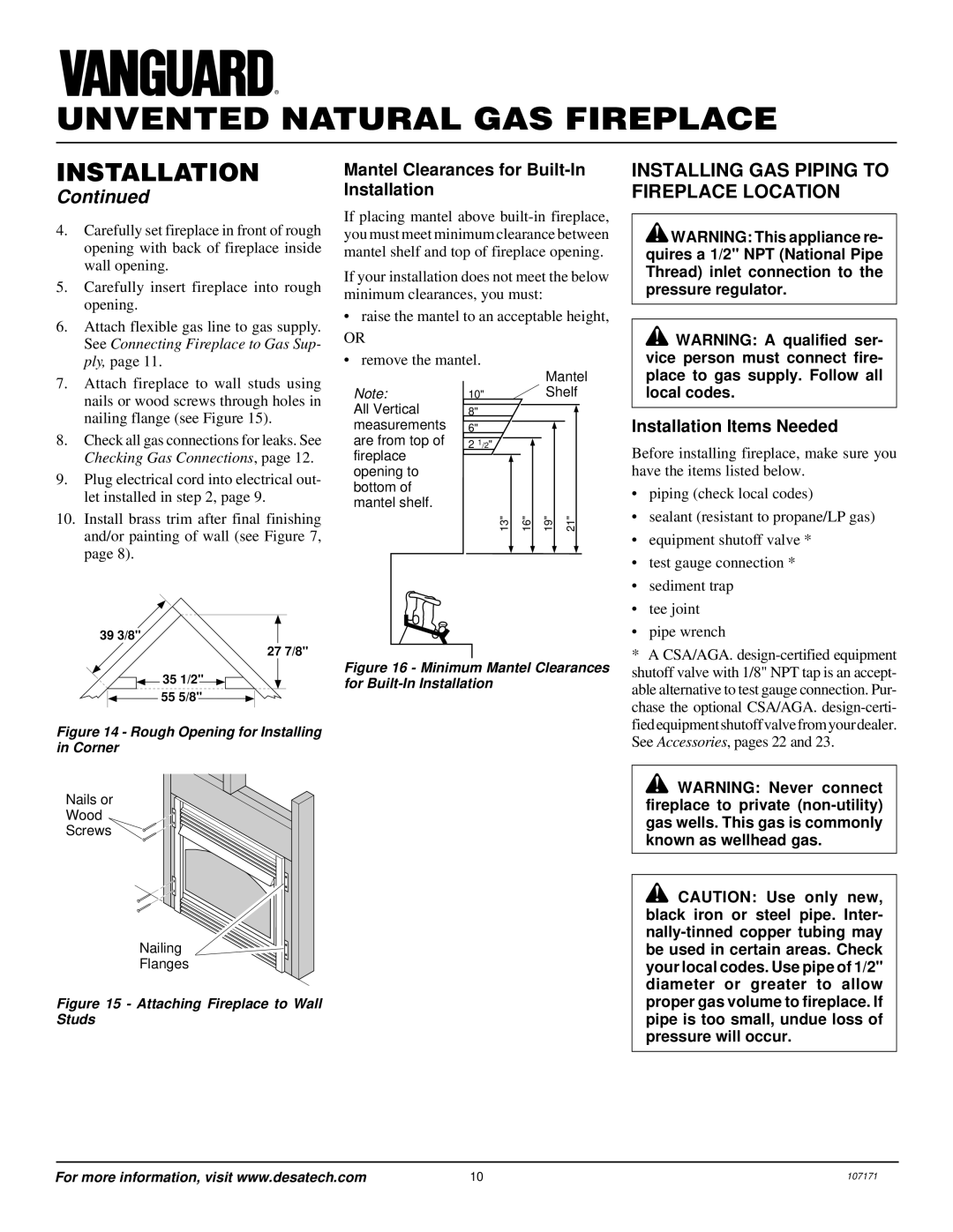 Desa VSGF33NR Installing GAS Piping to, Fireplace Location, Mantel Clearances for Built-In, Installation 