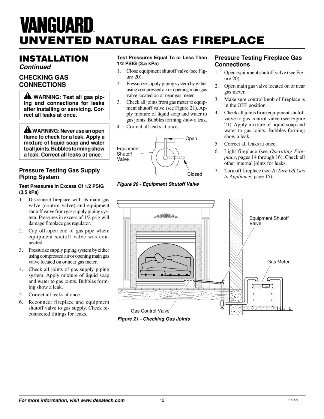 Desa VSGF33NR installation manual Checking GAS Connections, Pressure Testing Gas Supply Piping System 