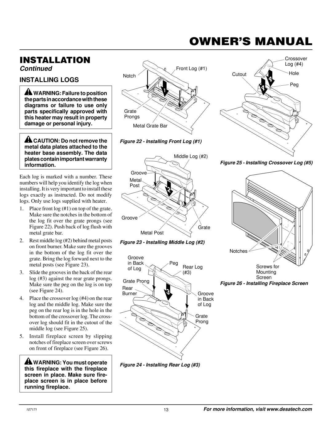 Desa VSGF33NR installation manual Installing Logs, Installing Front Log #1 