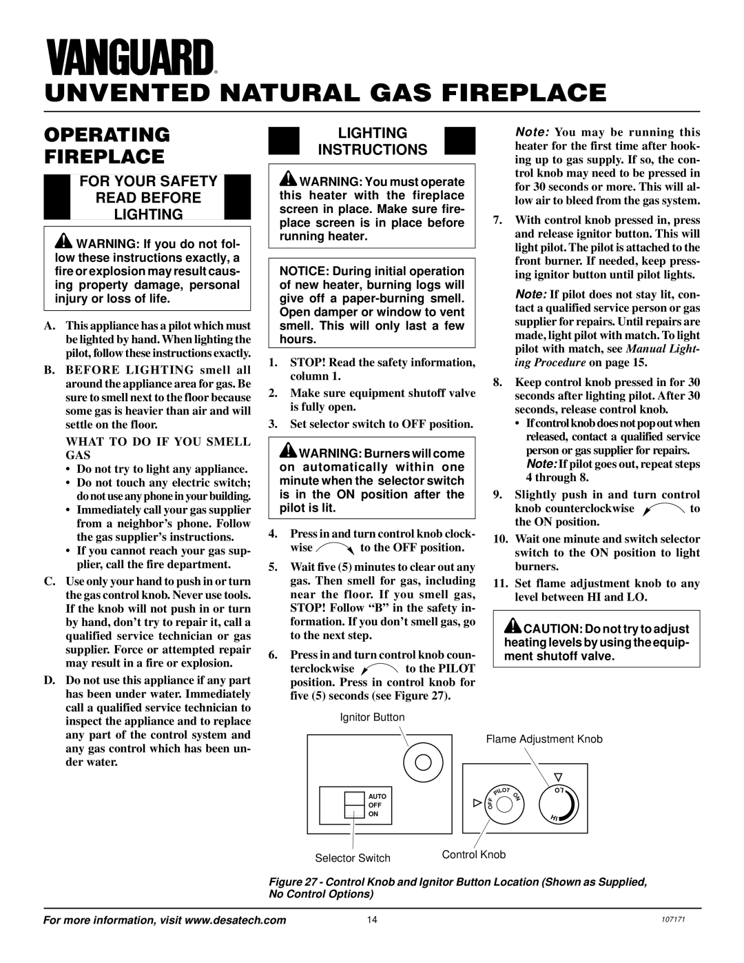 Desa VSGF33NR installation manual Operating Fireplace, For Your Safety Read Before Lighting, Lighting Instructions 