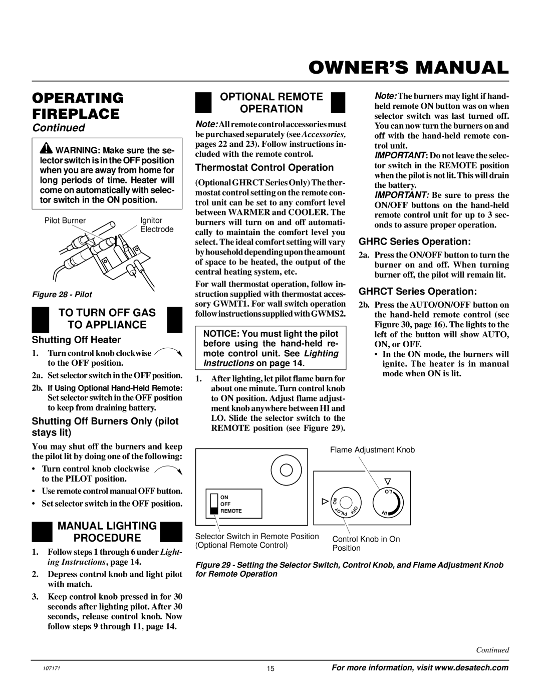 Desa VSGF33NR installation manual To Turn OFF GAS To Appliance, Optional Remote Operation, Manual Lighting Procedure 