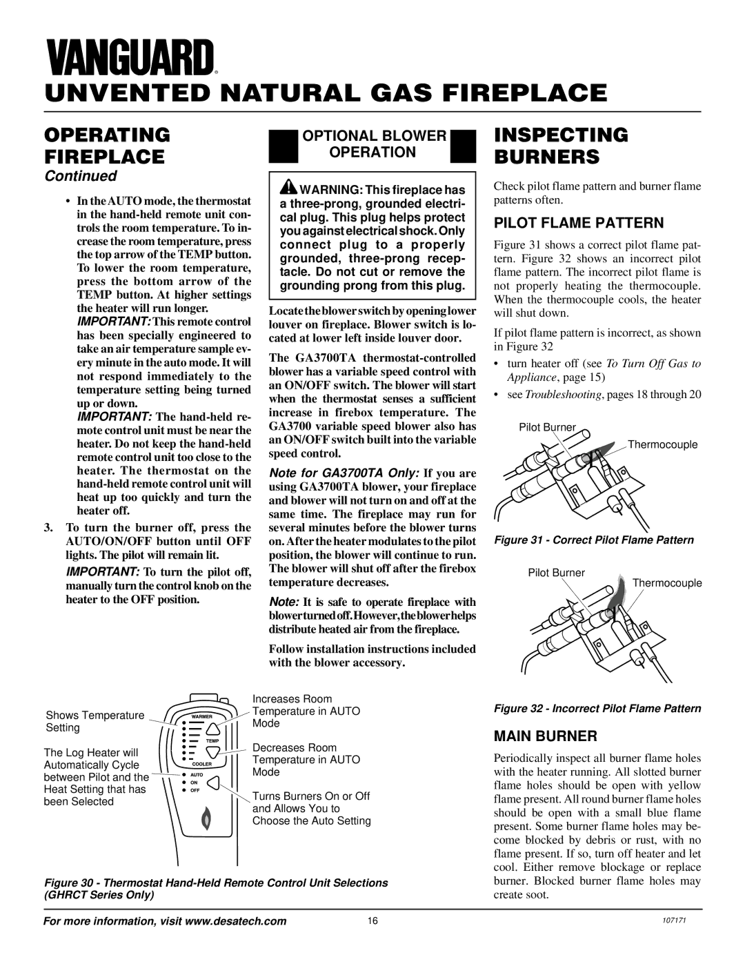 Desa VSGF33NR installation manual Inspecting Burners, Optional Blower Operation, Pilot Flame Pattern, Main Burner 