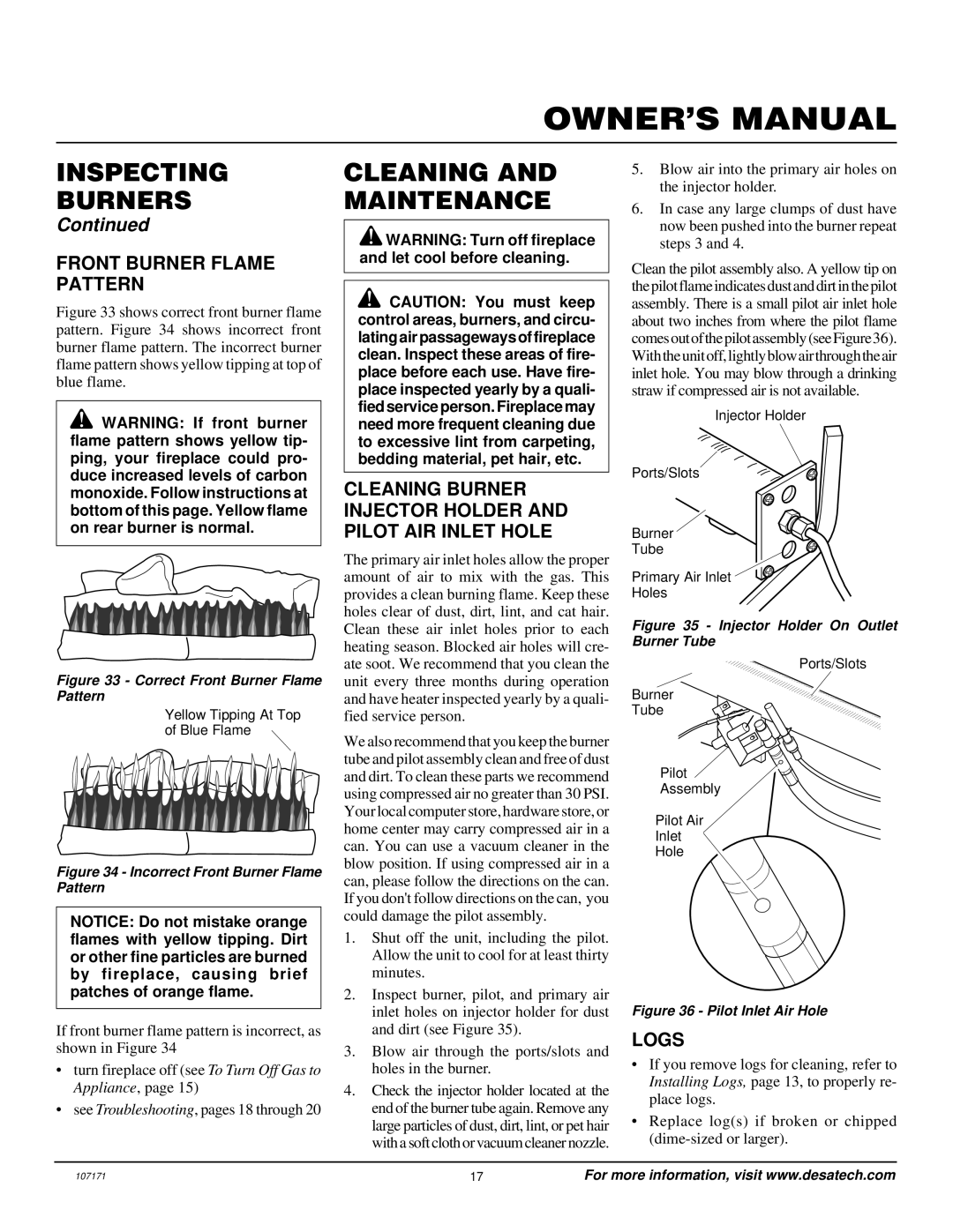 Desa VSGF33NR installation manual Cleaning and Maintenance, Front Burner Flame Pattern, Logs 