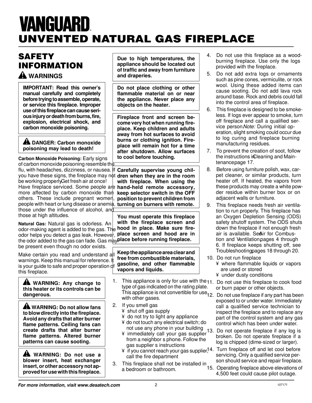 Desa VSGF33NR installation manual Unvented Natural GAS Fireplace, Safety Information 