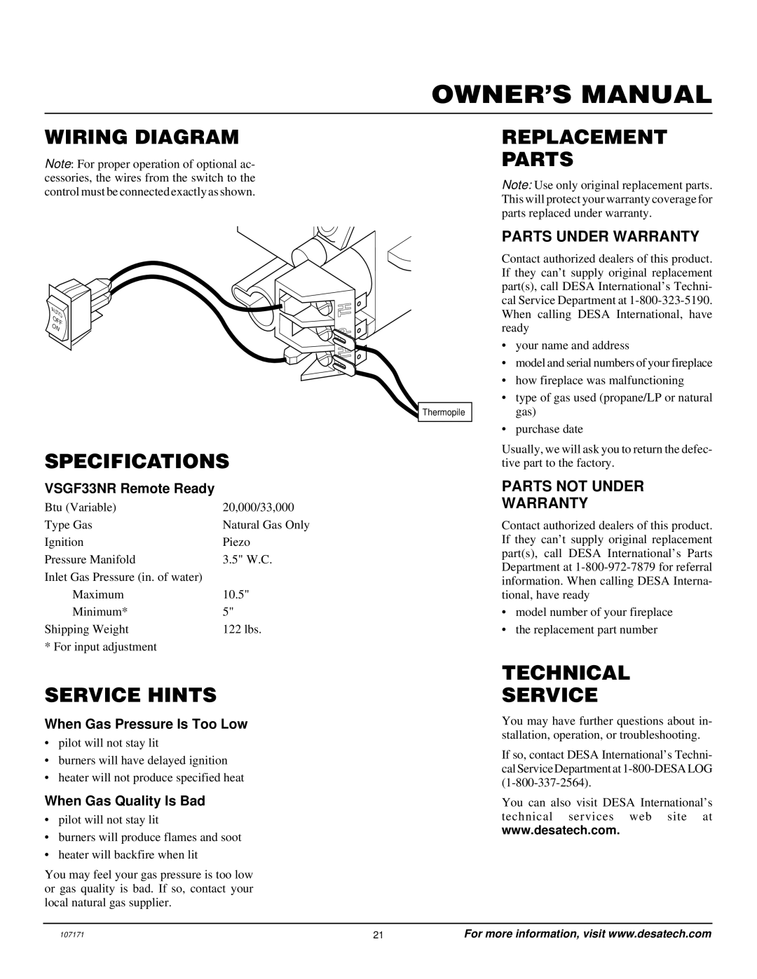 Desa VSGF33NR installation manual Wiring Diagram, Specifications, Service Hints, Replacement Parts, Technical Service 