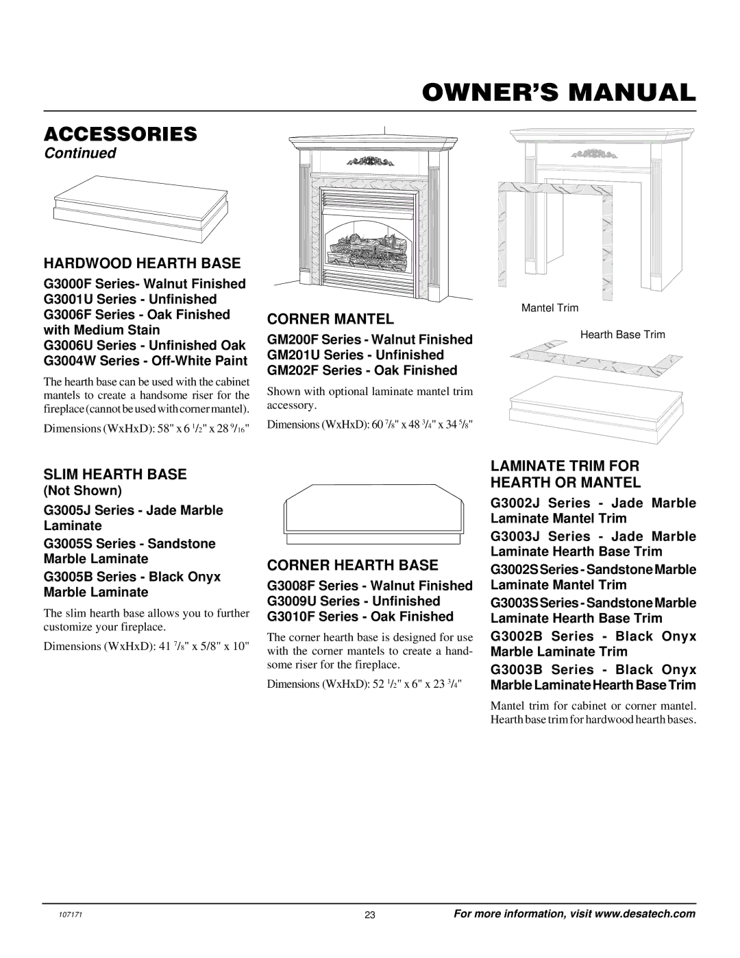 Desa VSGF33NR installation manual Hardwood Hearth Base, Corner Mantel, Slim Hearth Base, Corner Hearth Base 