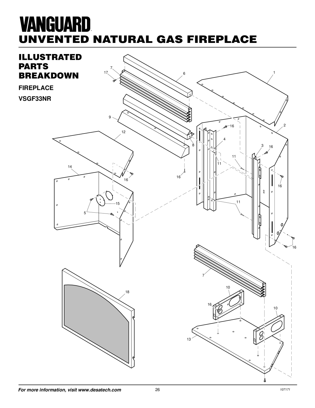 Desa installation manual Illustrated PARTS7 Breakdown, Fireplace VSGF33NR 